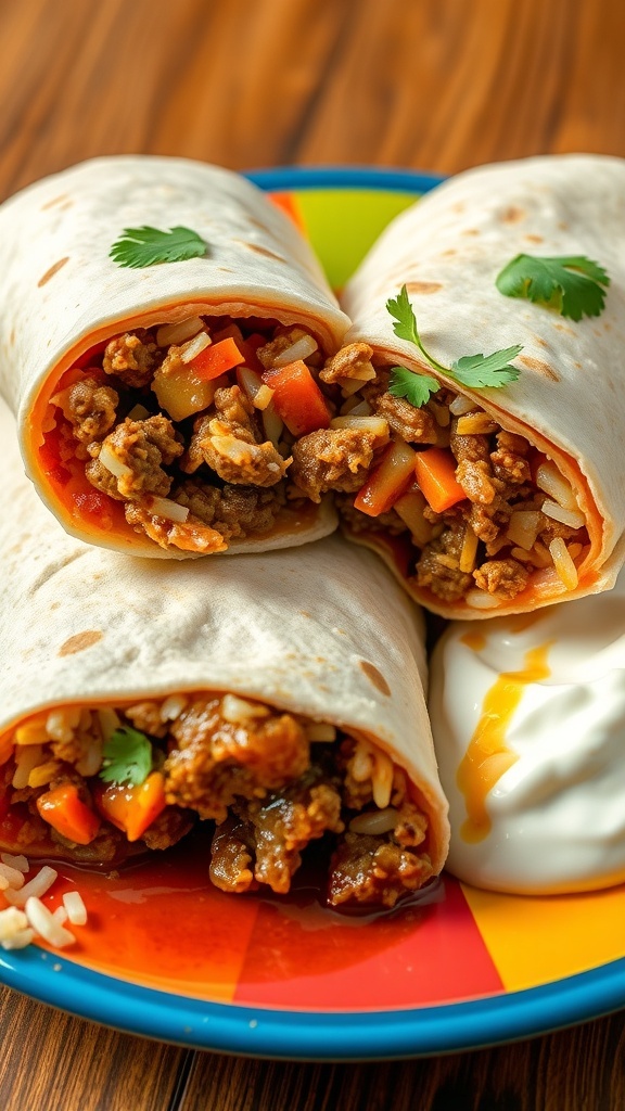 A beef burrito filled with rice and cheese, served with salsa and sour cream on a plate.